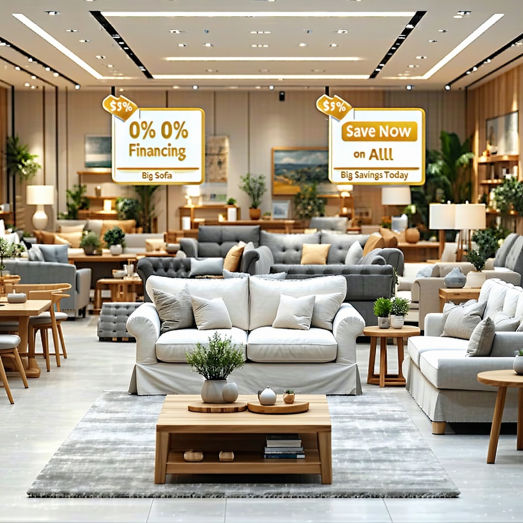 Generate a detailed interior view within a furniture showroom showcasing various furniture sets with clear promotional price tags and small signs indicating offers such as 0 Financing Save Now on All Sofas and Big Savings Today in clear legible fonts Generate a detailed interior view within a furniture showroom showcasing various furniture sets with clear promotional price tags and small signs indicating offers such as 0 Financing Save Now on All Sofas and Big Savings Today in clear legible fonts