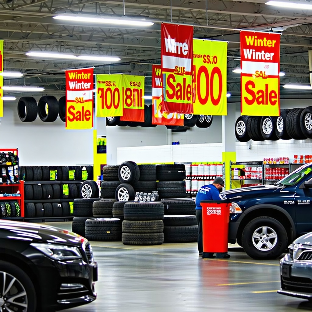 The tire shop is bustling with activity its interior adorned with vibrant winter sale promotional banners that hang from the ceiling each one boldly advertising discounts on a variety of tires The atmosphere is lively with bright lights illuminating-1