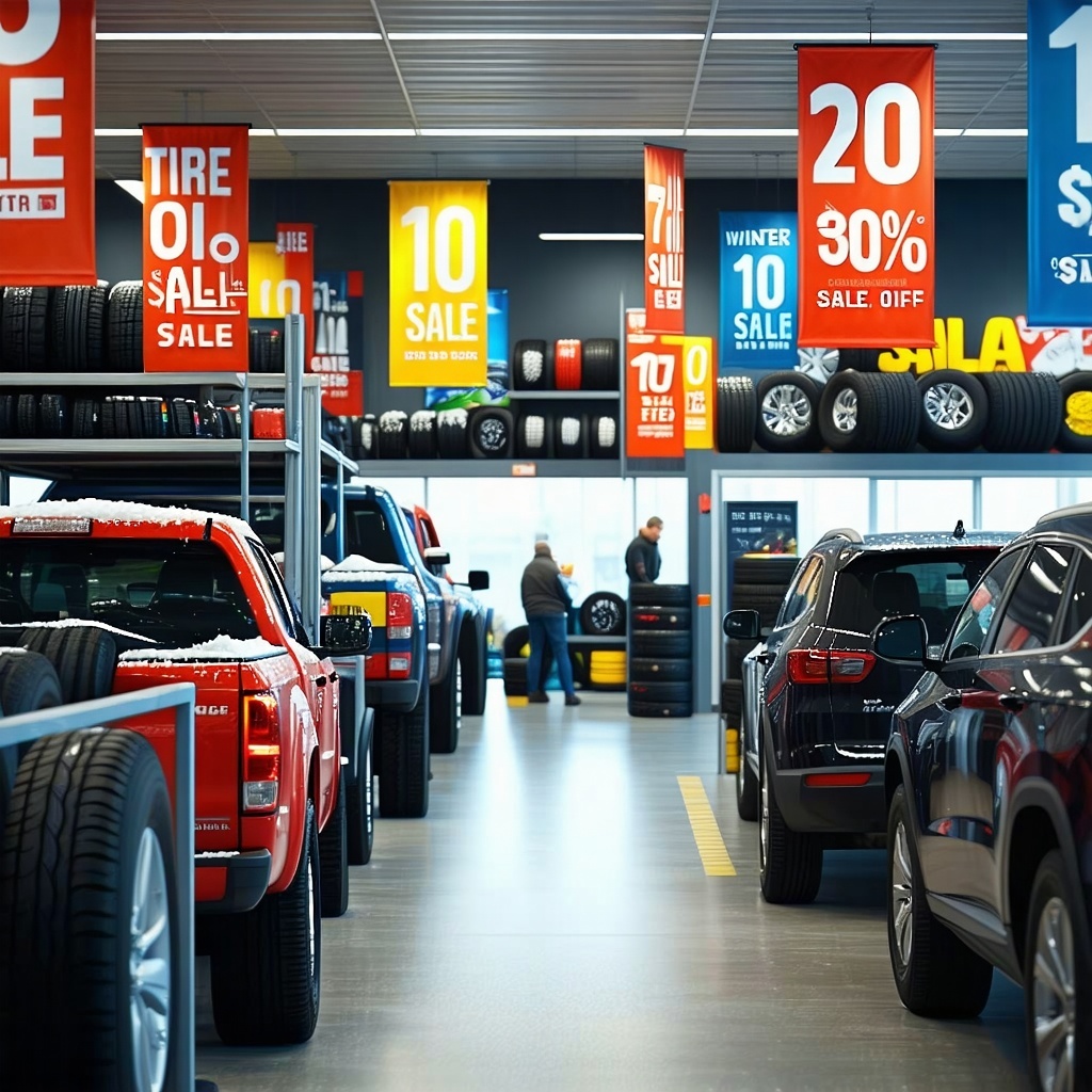 The tire shop is bustling with activity its interior adorned with vibrant winter sale promotional banners that hang from the ceiling each one boldly advertising discounts on a variety of tires The atmosphere is lively with bright lights illuminating